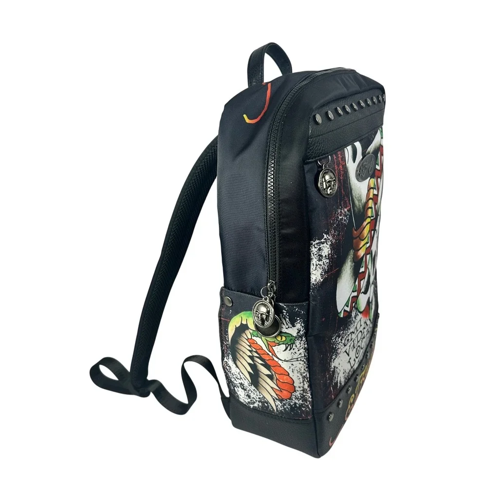 Ed‎ Hardy Backpack Mens OS Black Mi Vida Loca Skull Studded Tattoo Graphic Bag